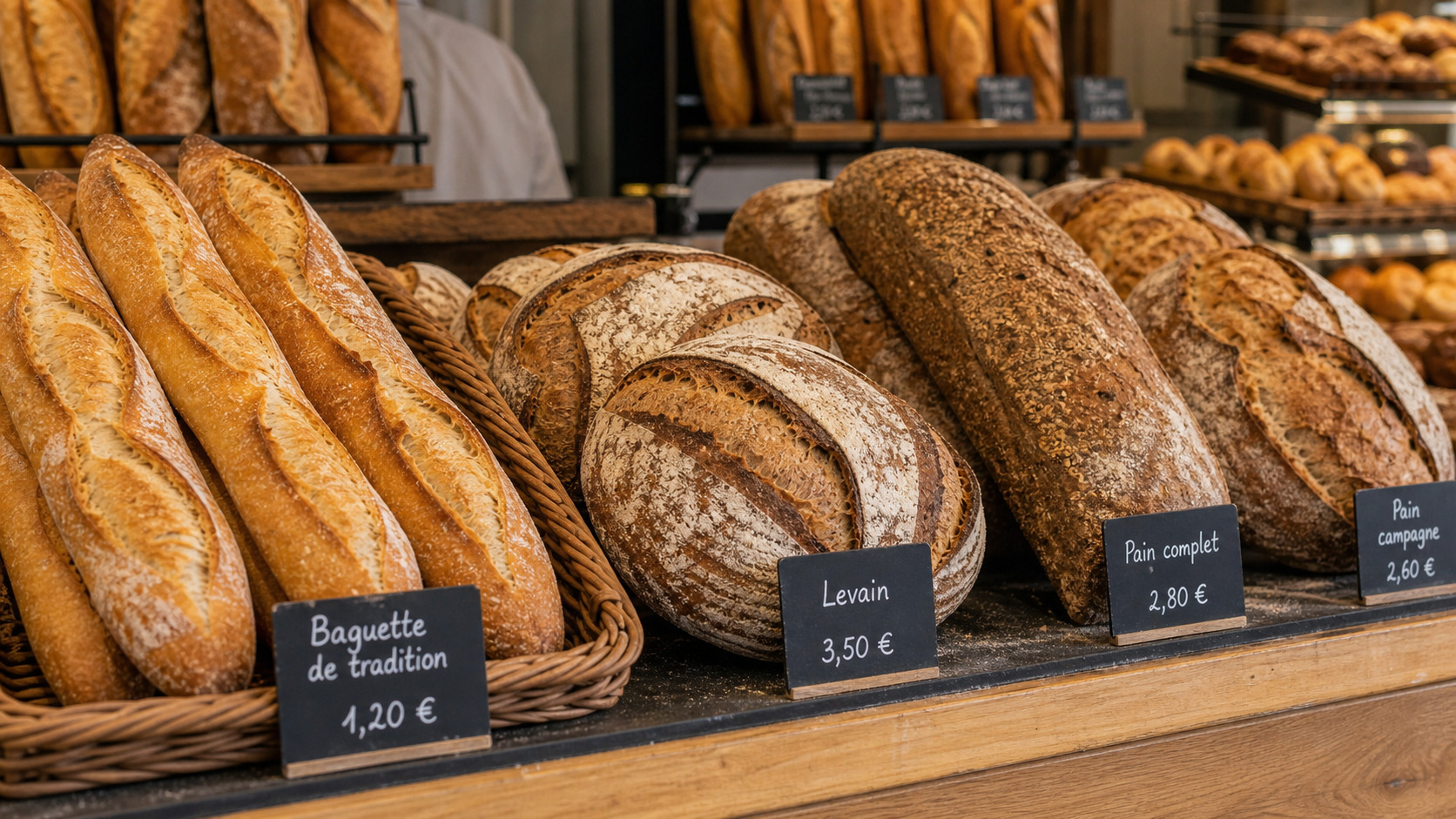 Client qui compare plusieurs pains au comptoir d'une boulangerie