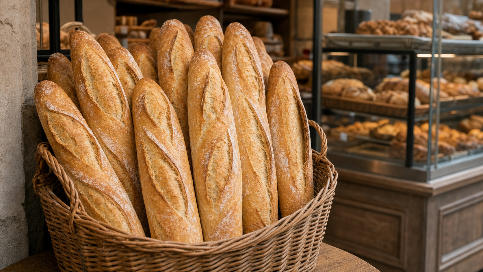Baguettes de tradition à croûte dorée rangées dans un panier