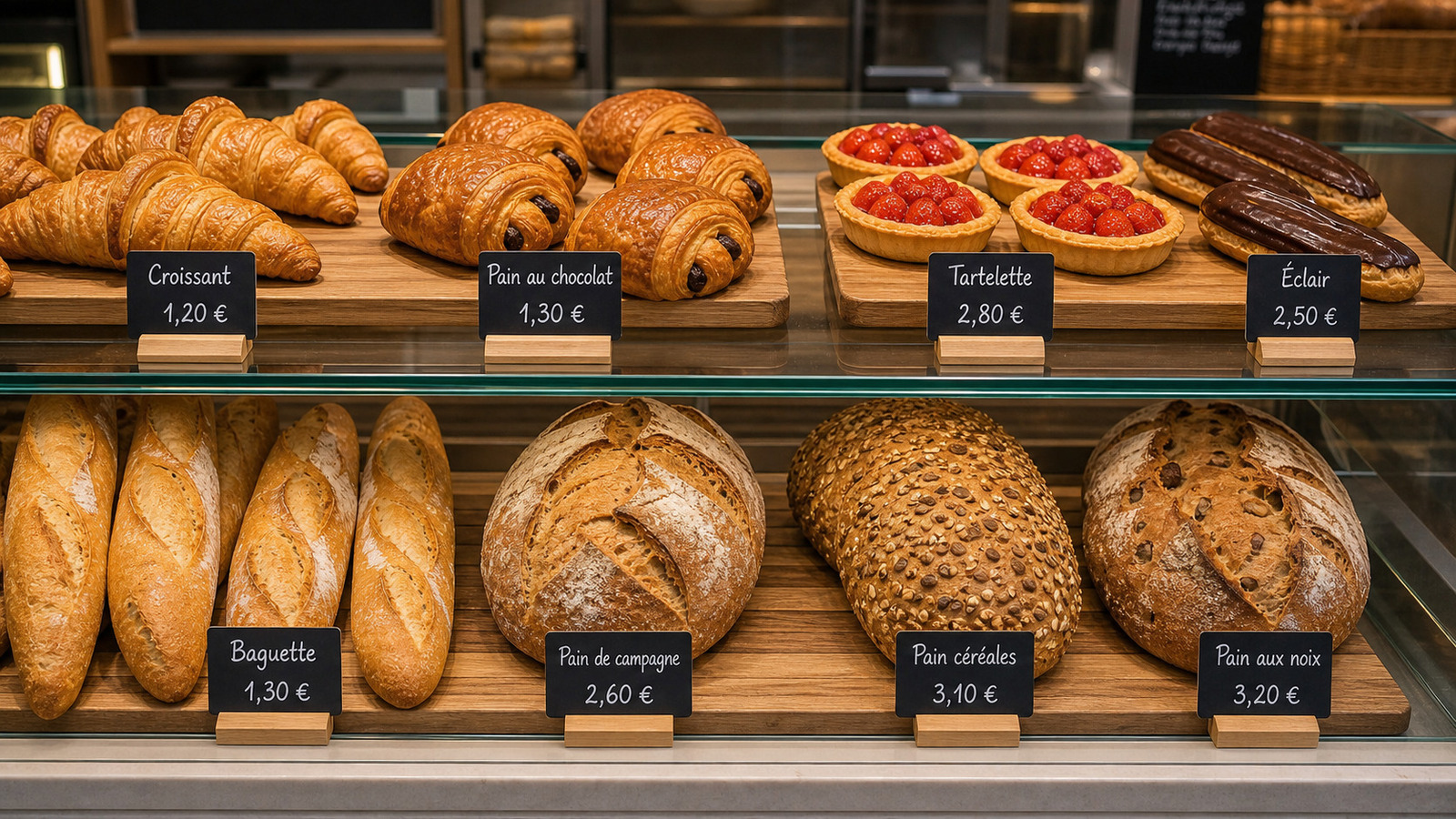 Étiquettes de prix placées devant des pains et viennoiseries en vitrine