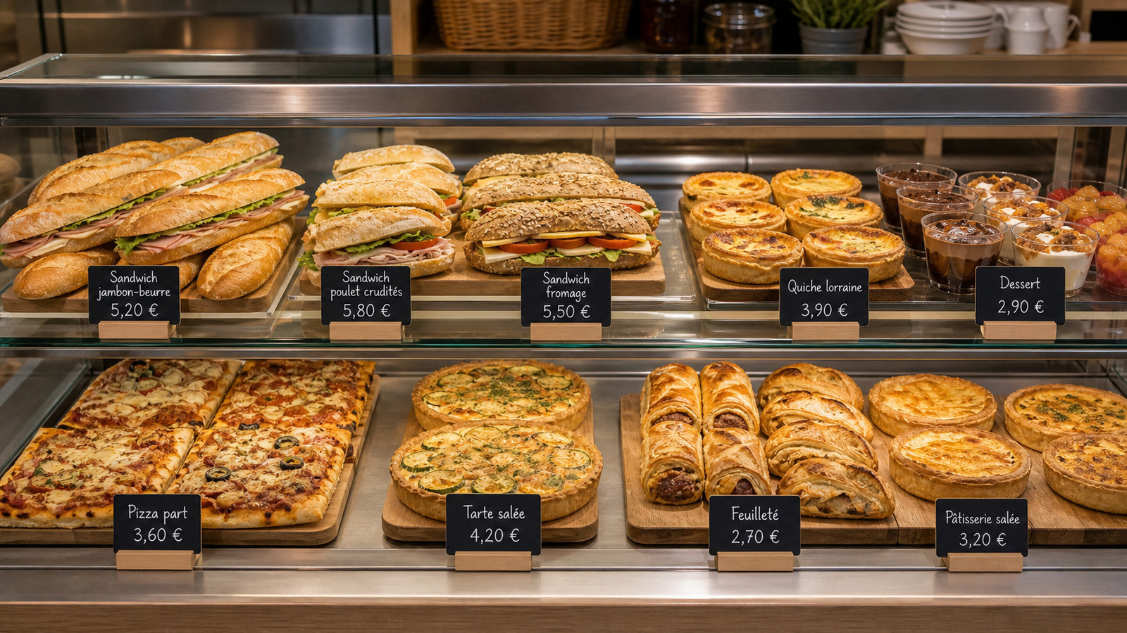 Sandwichs, quiches et pâtisseries salées exposés dans une vitrine de boulangerie